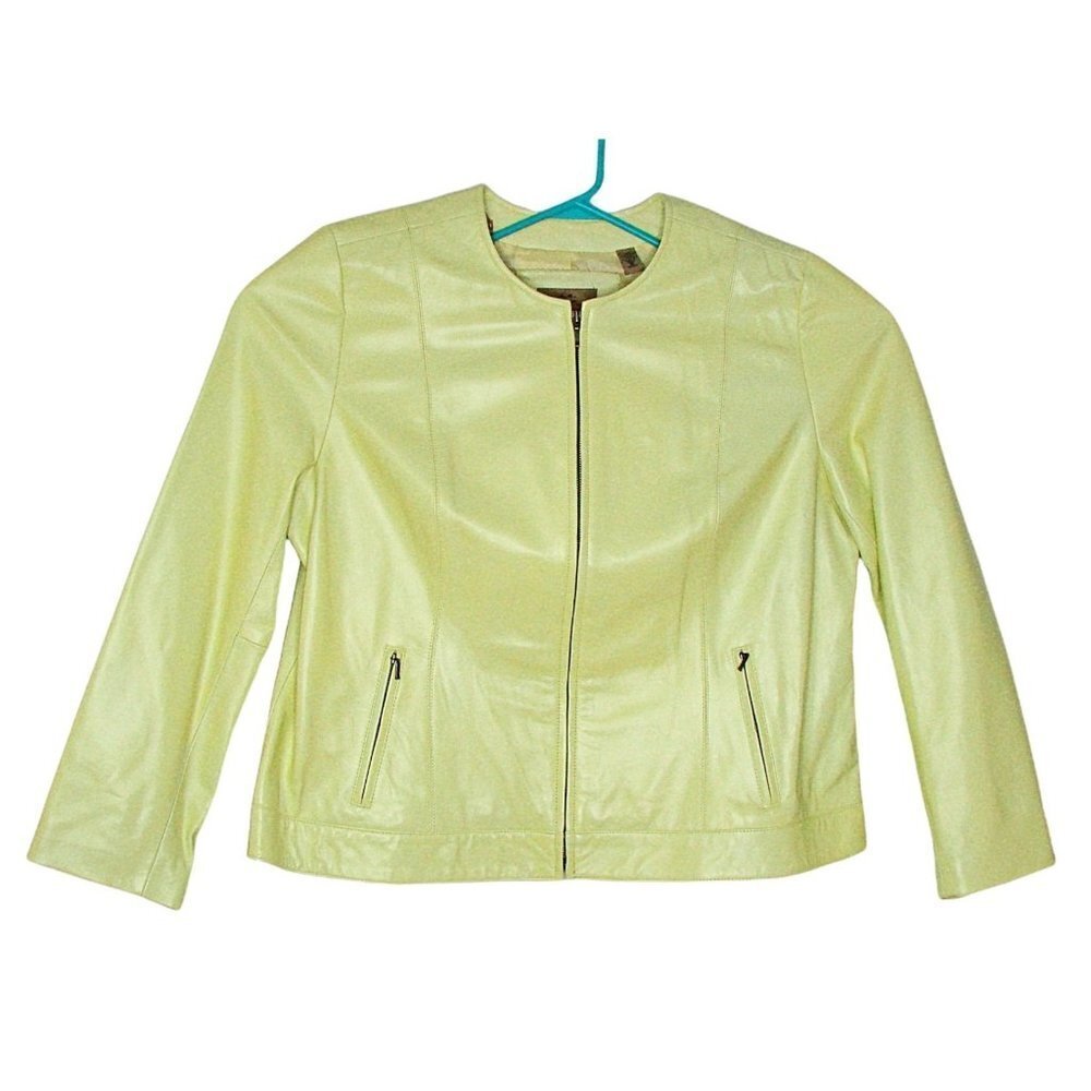 i.e. Woman Soft Leather Zip Vintage Geo Jacket Boho Light Lime Green Sz 2X NWT
